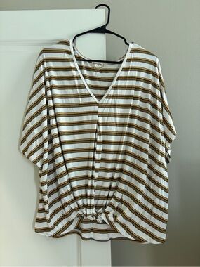 White & Mustard Striped V-Neck Knot Front Blouse